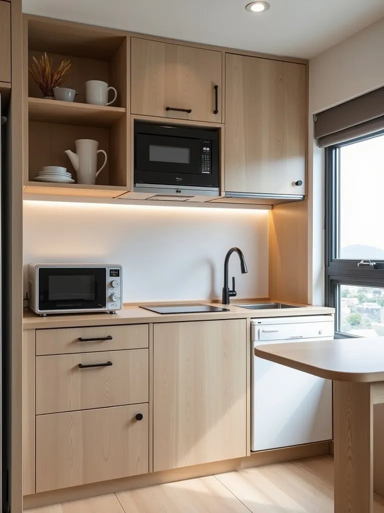 Aerial view of compact kitchen with clever storage and fold down table