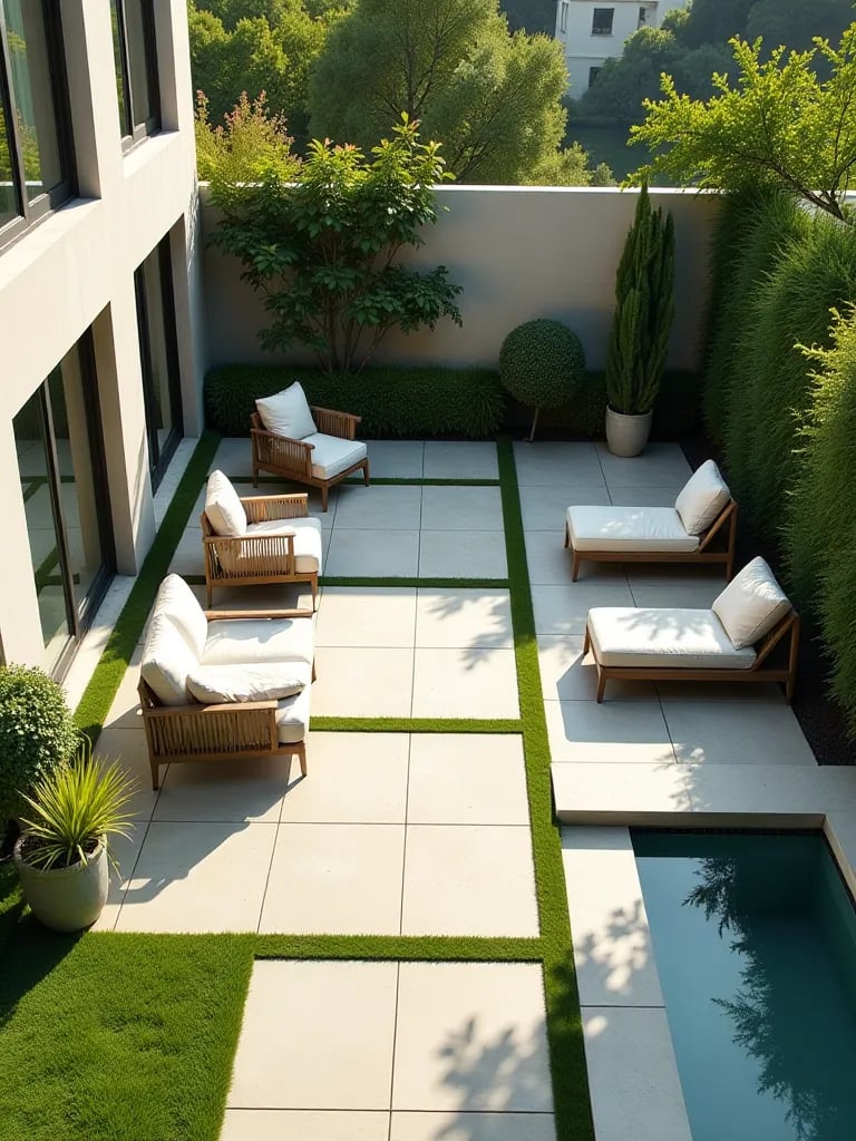 Aerial view of geometric patio with concrete, grass, and linear plantings