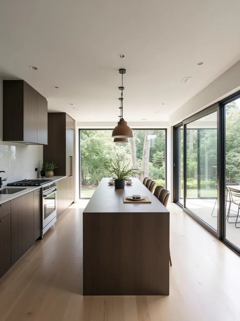 Aerial view of kitchen with long island doubling as dining table, surrounded by sleek cabinetry