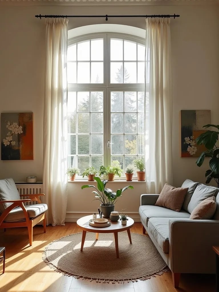 Aerial view of living room with mirrors amplifying natural light