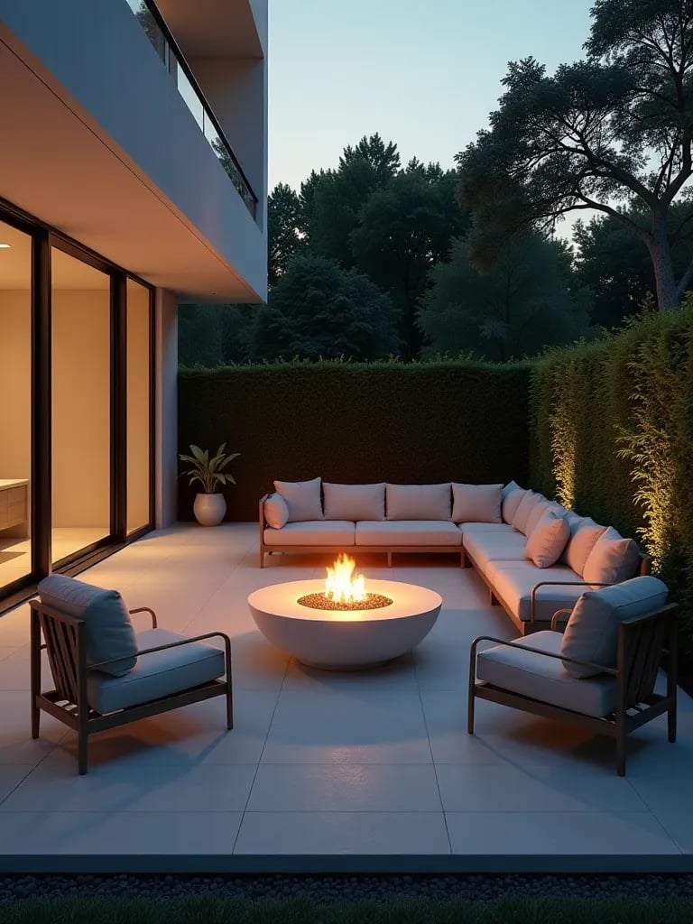 Aerial view of modern backyard patio with minimalist furniture and fire pit at dusk