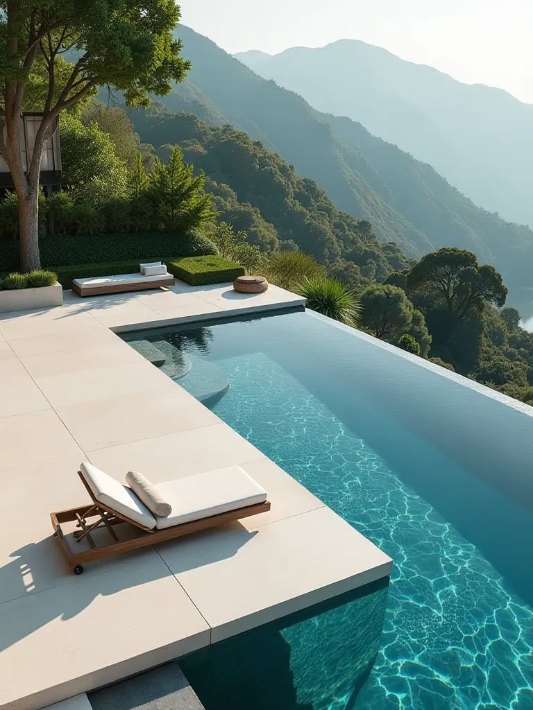 Aerial view of modern patio with infinity pool and floating deck overlooking landscape