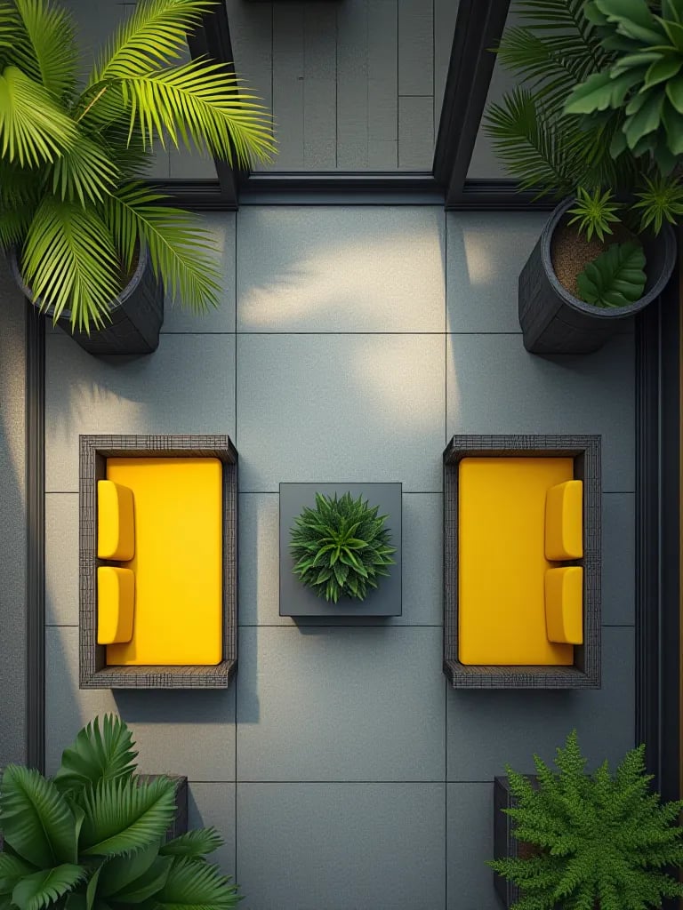 Aerial view of modern porch with gray floor and yellow accents