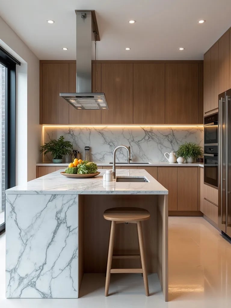 Aerial view of open concept kitchen with waterfall countertop and smart appliances