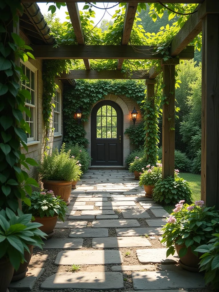 Aerial view of rustic stone patio with pergola and surrounding gardens