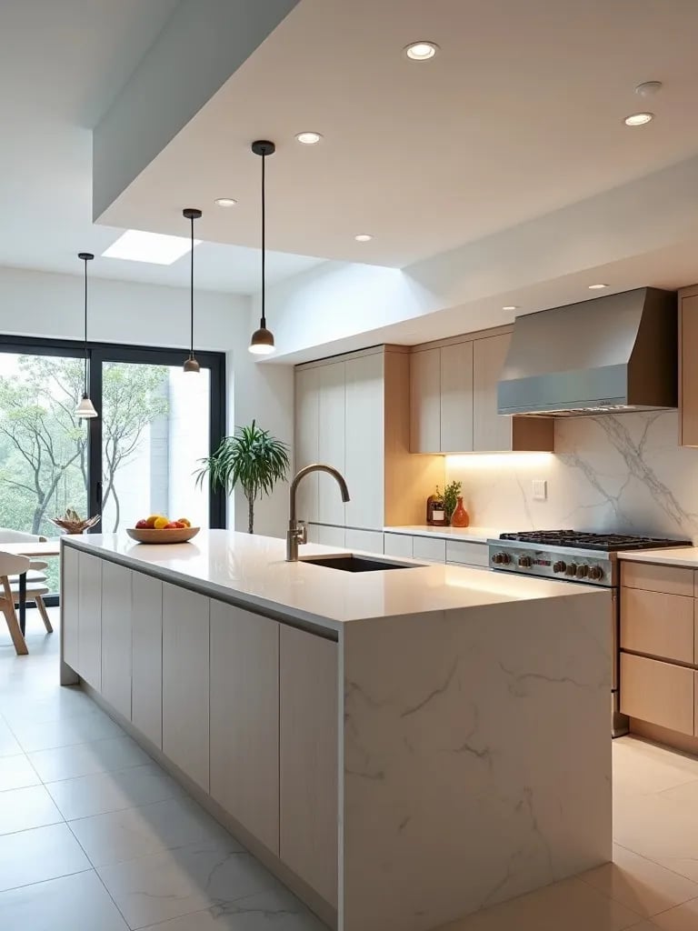 Aerial view of sleek open concept kitchen with large island and floor to ceiling windows