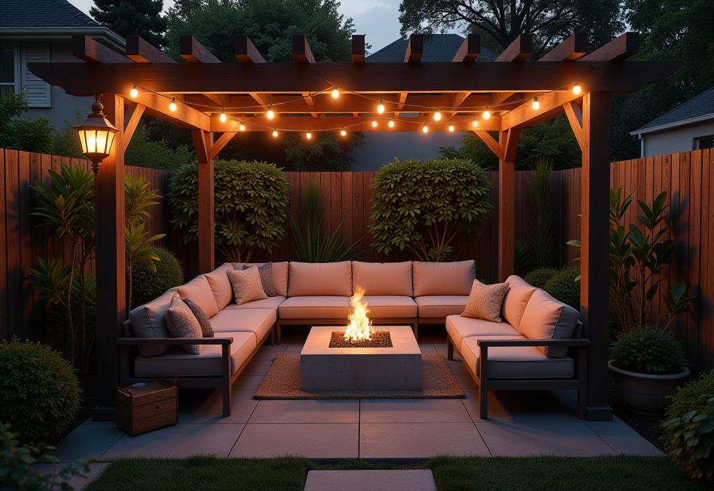 Aerial view of small backyard patio with pergola and fire pit at dusk