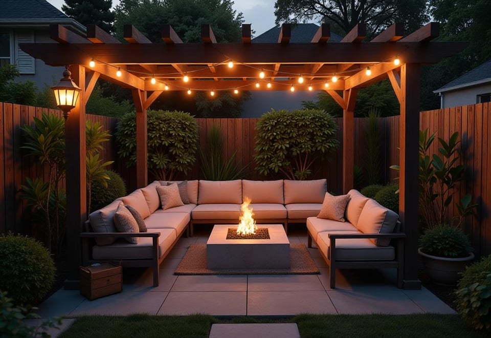 Aerial view of small backyard patio with pergola and fire pit at dusk