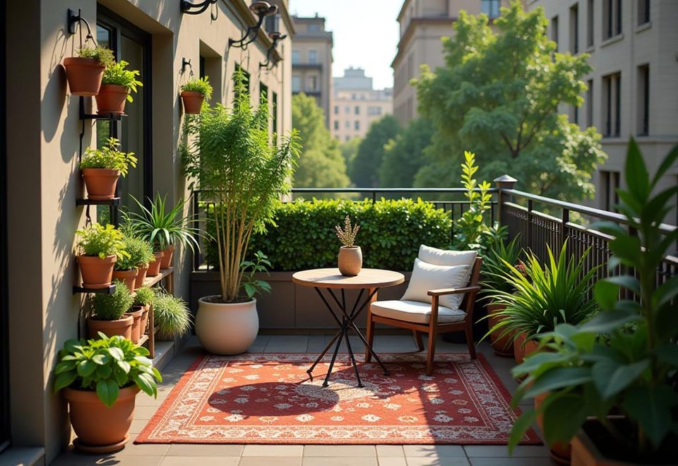 Aerial view of small balcony with vertical planters, bistro set, and outdoor rug