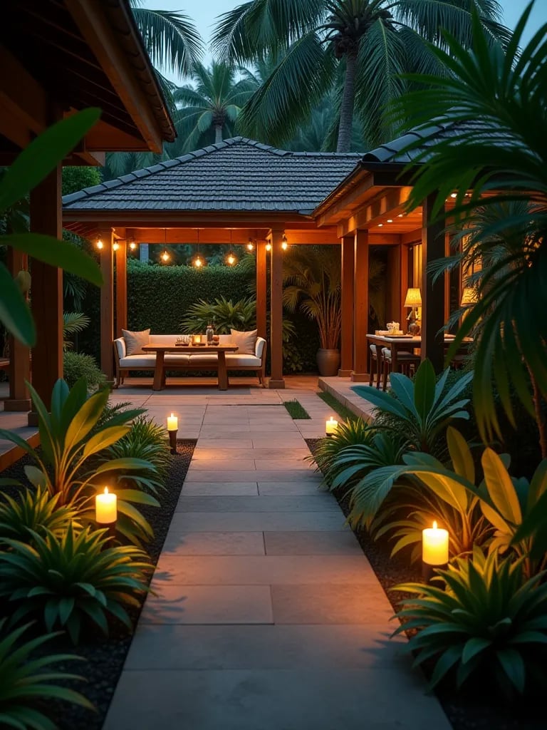 Aerial view of tropical patio with tiki torch lined path and illuminated seating area