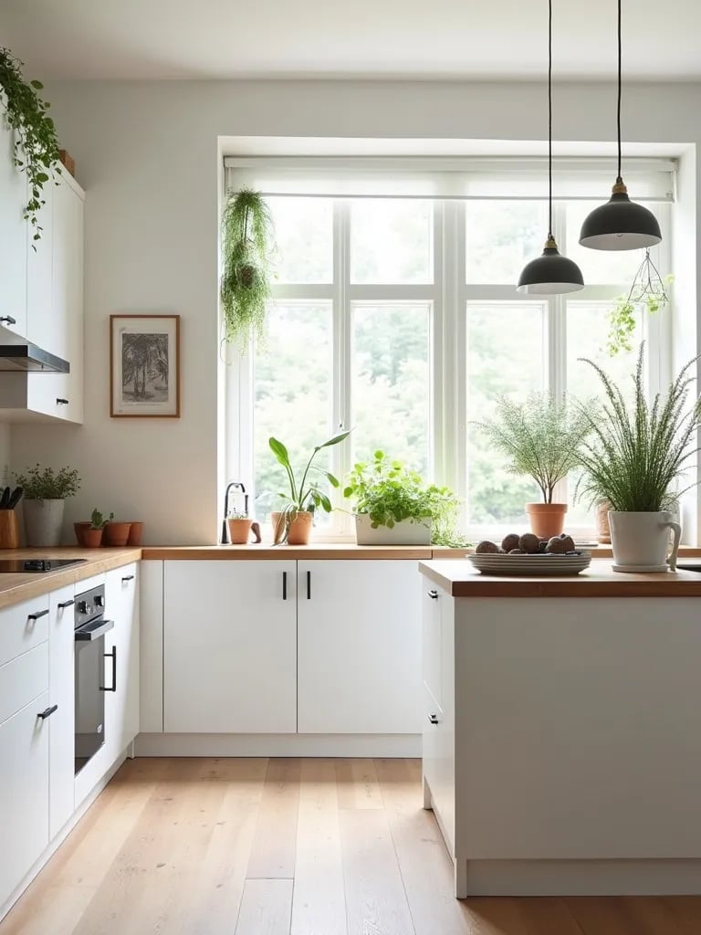 Airy Scandinavian kitchen featuring hanging plants and potted herbs