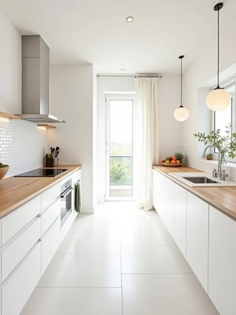 Airy Scandinavian kitchen featuring white and wood elements with pendant lights