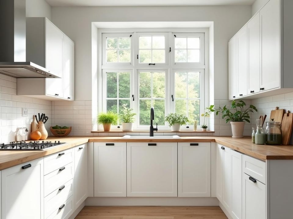 Airy Scandinavian kitchen featuring white cabinets and green plants