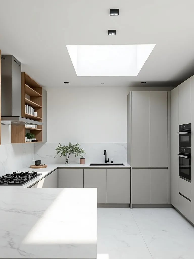 Airy Scandinavian kitchen with gray and white color scheme