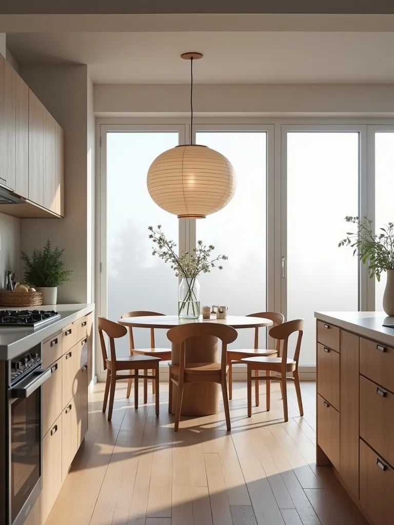 Airy Scandinavian kitchen with large paper lantern pendant light above circular dining nook