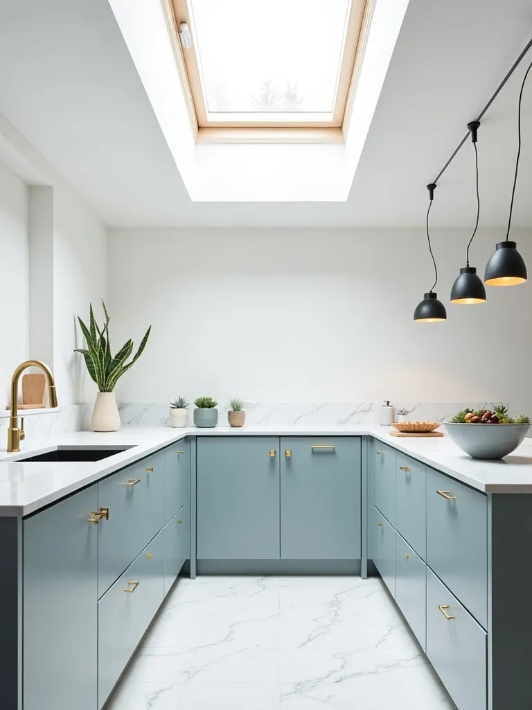 Airy Scandinavian kitchen with marble backsplash and natural light