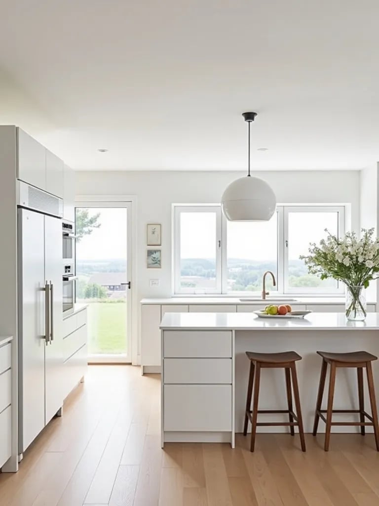 Airy Scandinavian kitchen with minimalist pendant light and island
