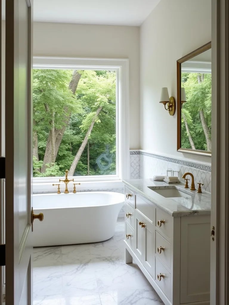 Airy bathroom with marble vanity and window overlooking greenery