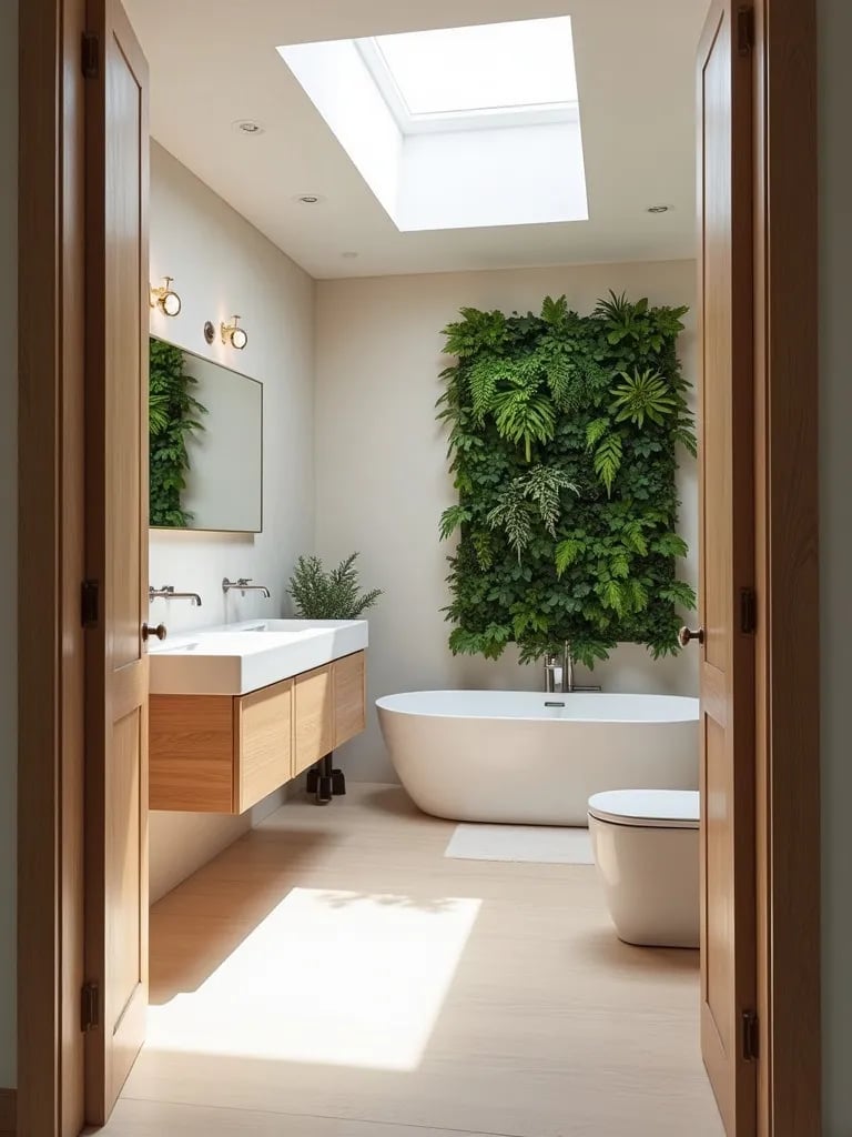 Airy bathroom with skylight, mirrors, and natural wood accents