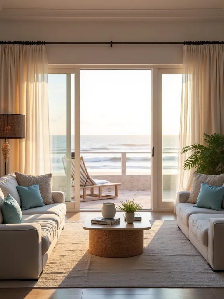 Airy beach inspired living room bathed in warm sunset light