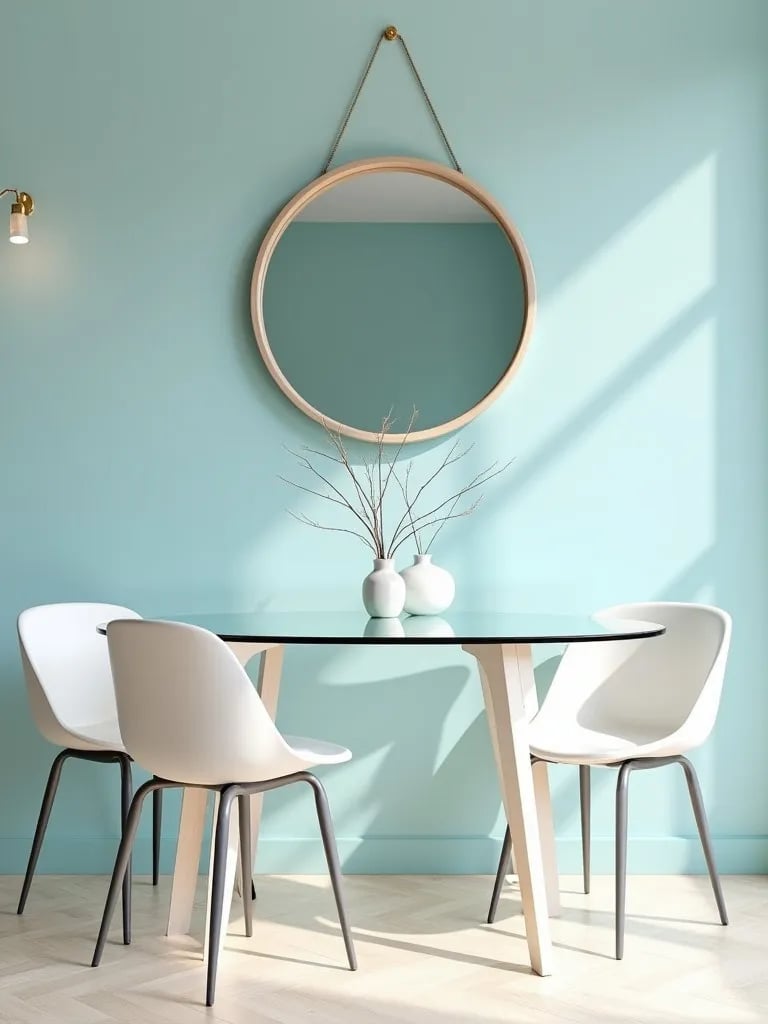 Airy dining area with pastel walls, glass furniture, and circular mirror