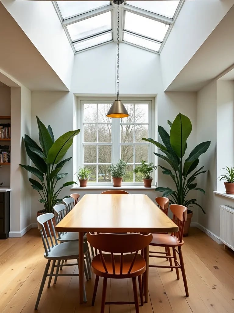 Airy dining space with long wooden table under skylight