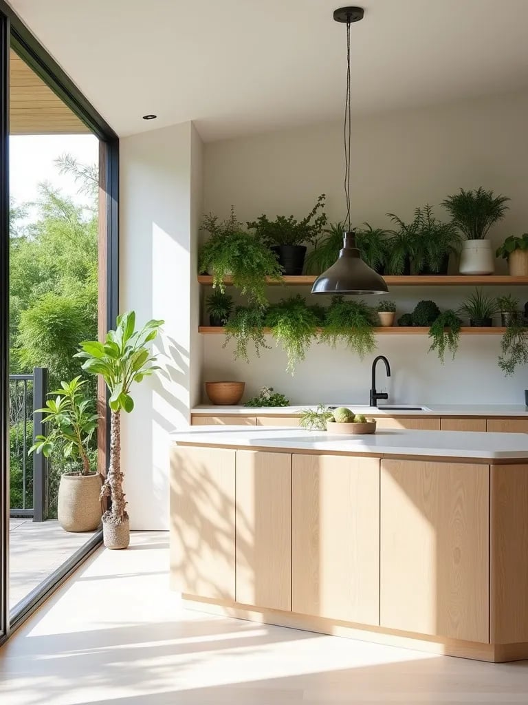 Airy kitchen with indoor outdoor feel and herb wall feature