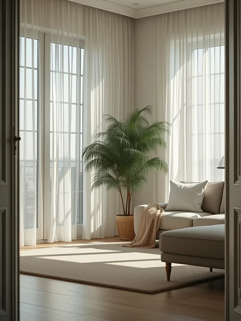 Airy living room with large windows and indoor plant