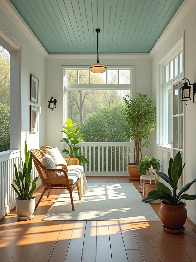 Airy porch with white walls, pale blue ceiling, and natural wood floor
