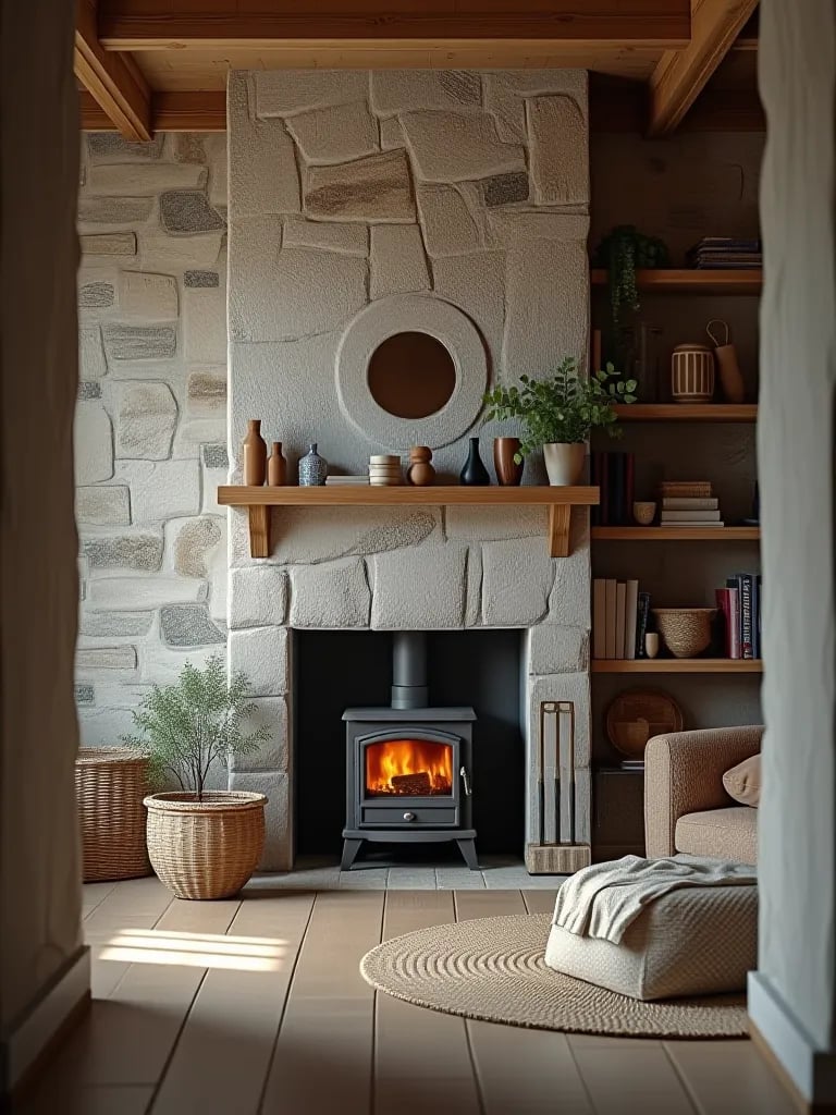 Airy rustic minimalist living room with high ceilings and abundant natural light