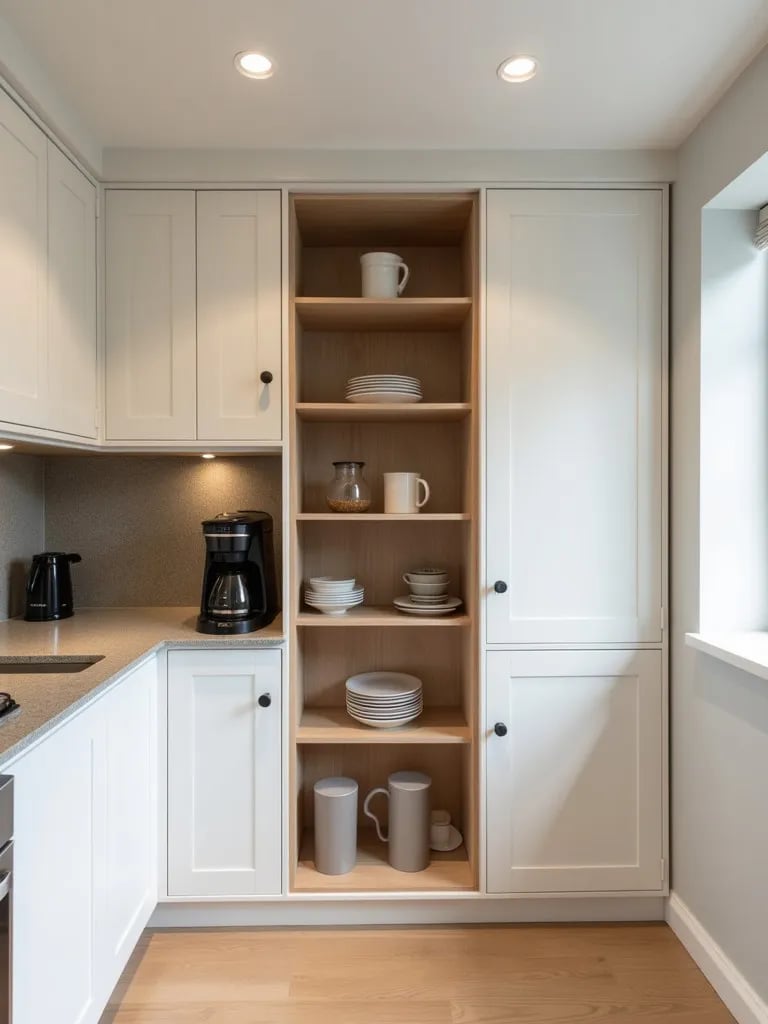 Angled view of L shaped kitchen revealing coffee station and concealed pantry door