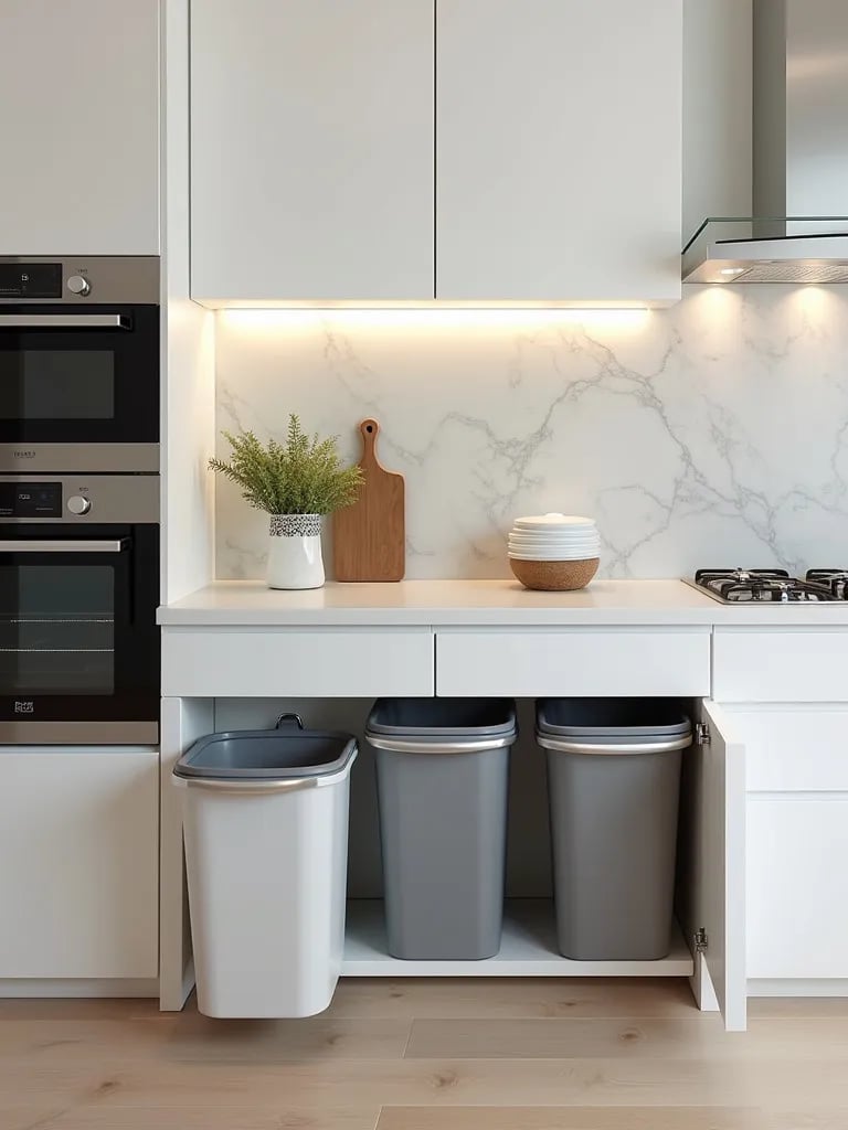 Angled view of Scandinavian kitchen cabinets revealing organized waste bins