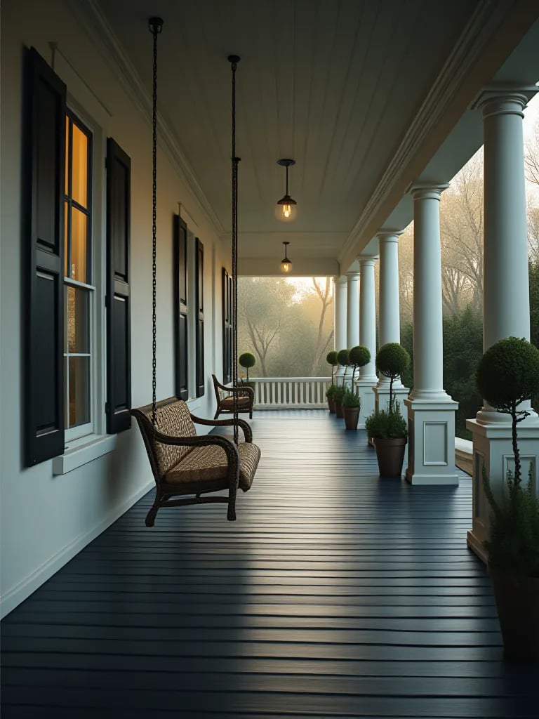 Angled view of elegant porch with dark floor, white columns, and topiaries