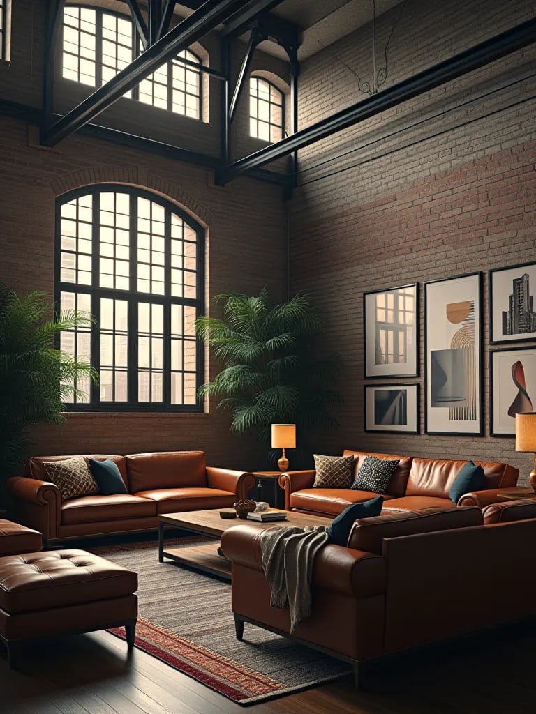 Angled view of luxury living room with metal beams and factory style windows