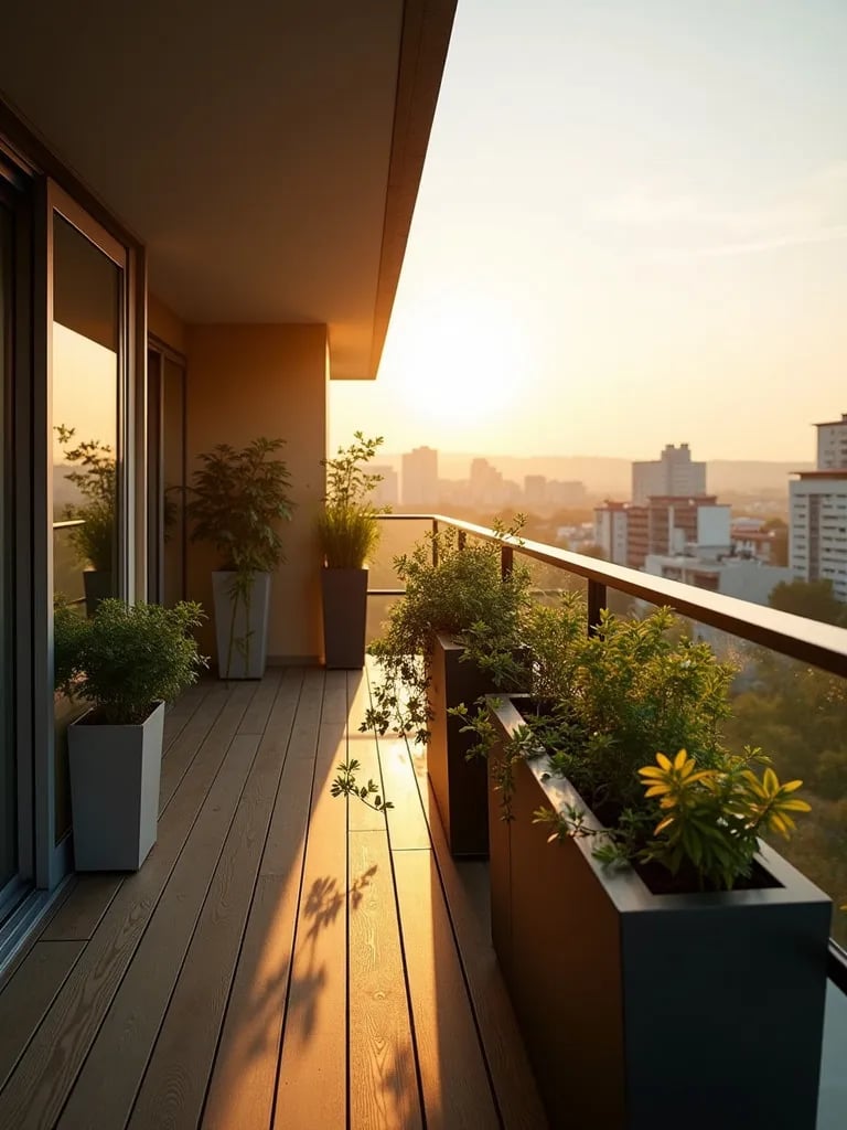 Apartment balcony featuring lush railing planters during golden hour