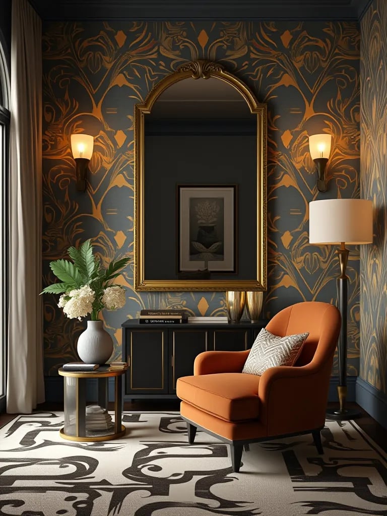 Art Deco inspired living room with geometric patterns and gold accents