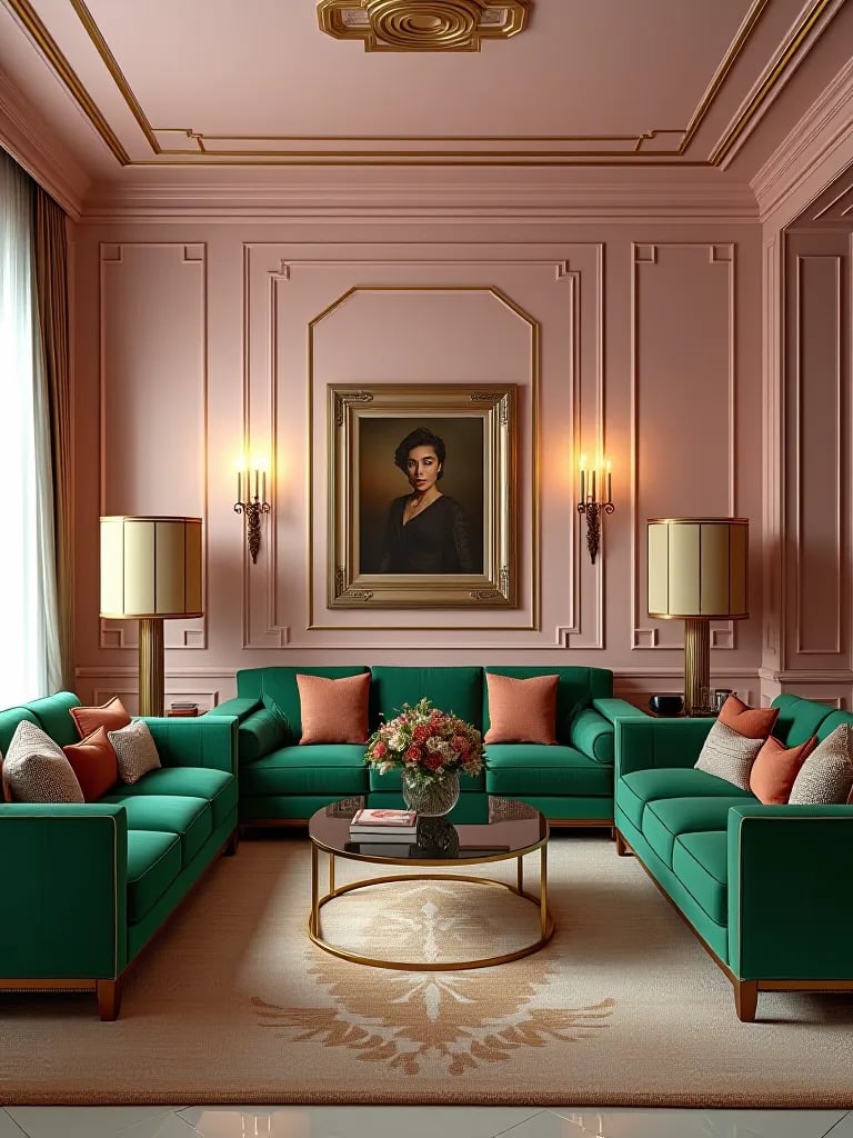 Art Deco living room with blush pink walls, gold patterns, and green velvet sofas