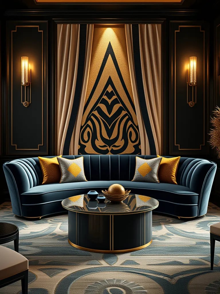 Art Deco luxury living room with geometric patterns and curved velvet sofa