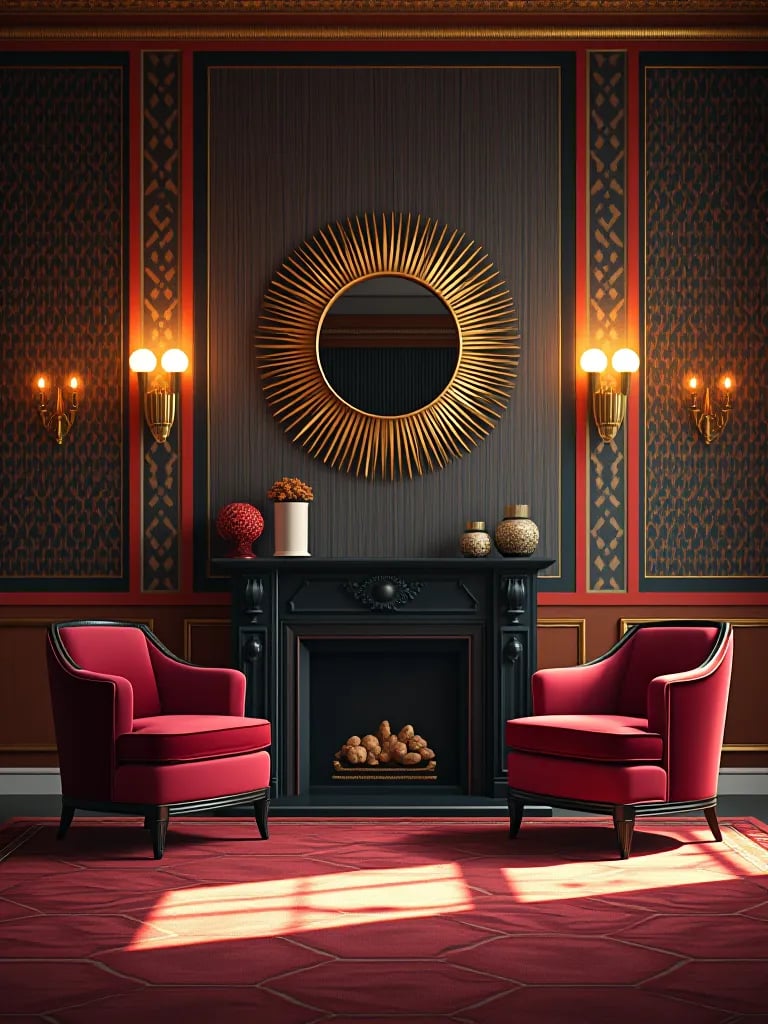 Art Deco luxury living room with geometric patterns and jewel toned furniture