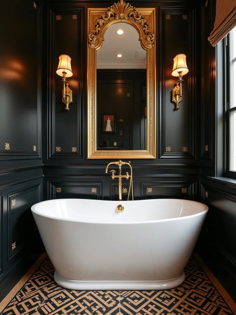 Art deco bathroom with black and gold geometric floor tiles