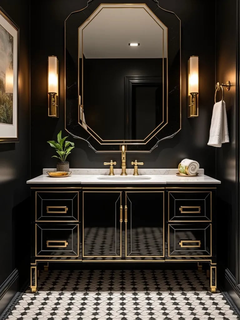 Art deco bathroom with black and gold geometric vanity and patterned floor