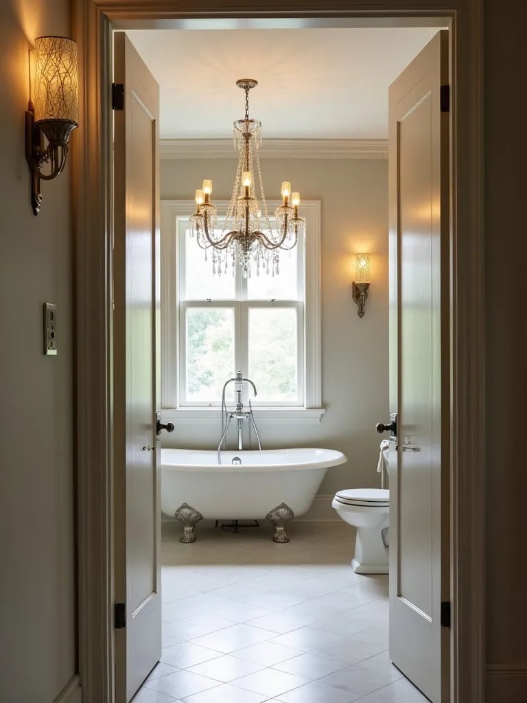 Art deco bathroom with geometric sconces and chandelier over clawfoot tub