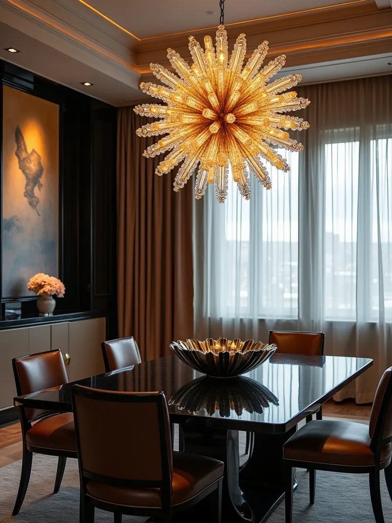 Art deco dining room with sunburst crystal chandelier over black table