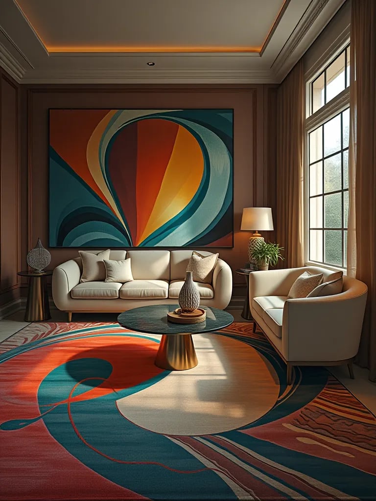 Art deco living room with colorful abstract silk rug and curved furniture
