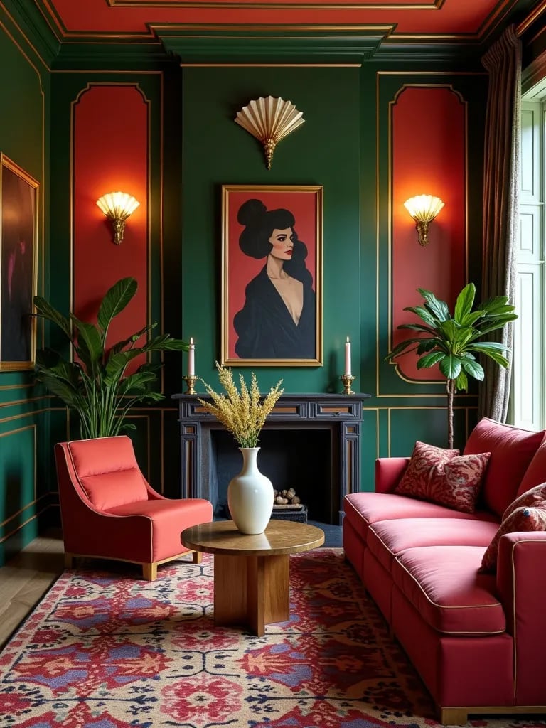 Art deco living room with fan shaped gold wall sconces and geometric patterns