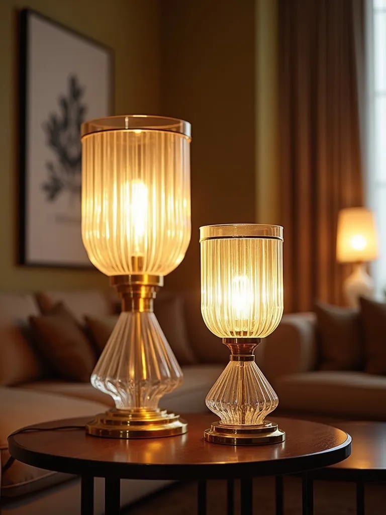 Art deco living room with geometric glass and brass table lamps