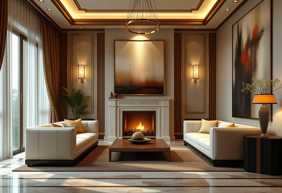 Art deco living room with gold accents, marble fireplace, and abstract art