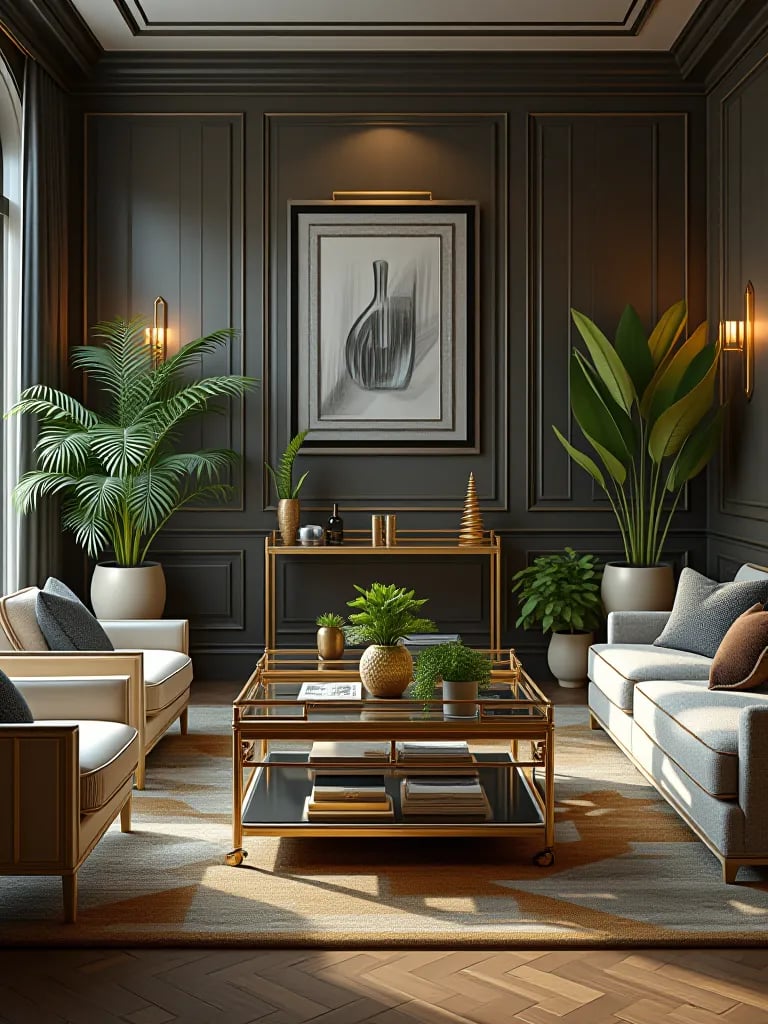 Art deco living room with gold bar cart and bold geometric patterns
