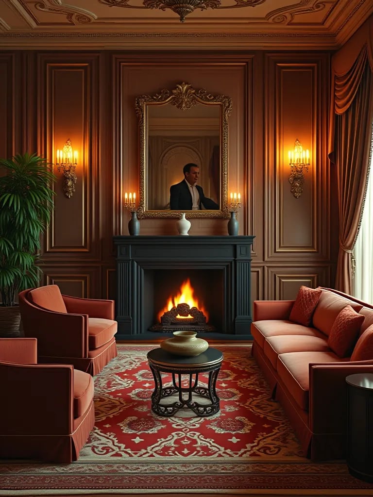 Art deco living room with golden wall sconces illuminating velvet furniture