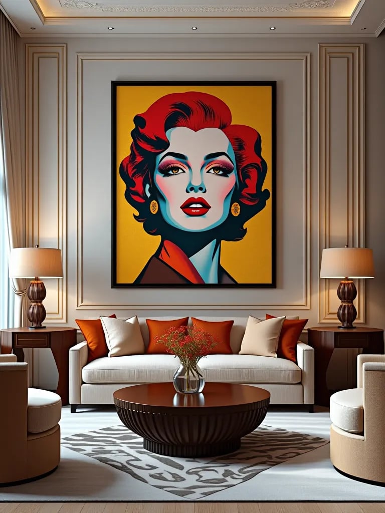 Art deco living room with large pop art canvas and gold geometric accents